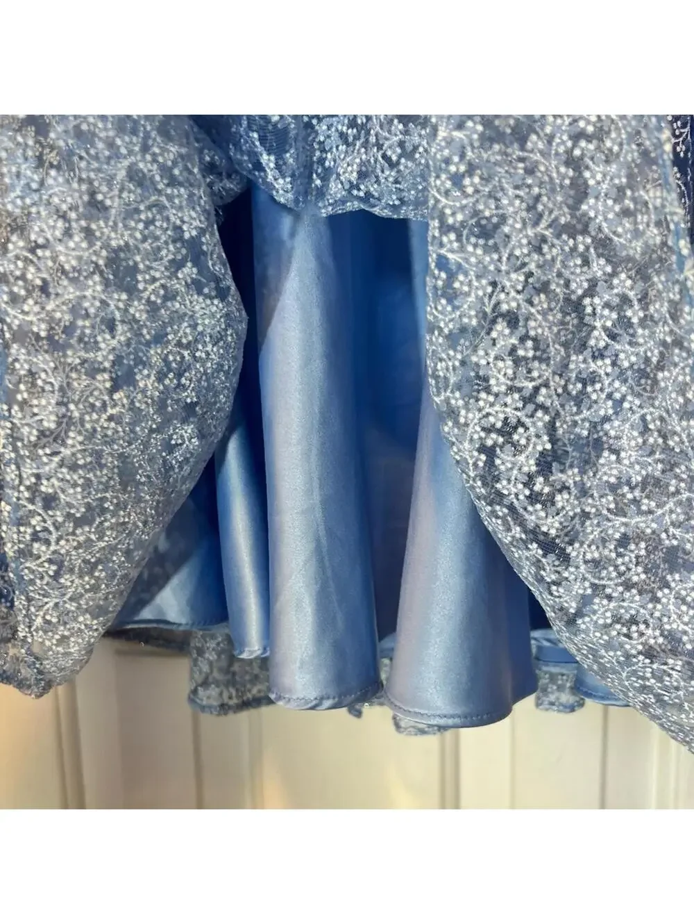 Tahari Sleeveless Carolina Blue White/Silver Sheer Overlay w Ribbon Sash | Sz 4 - Picture 9 of 13